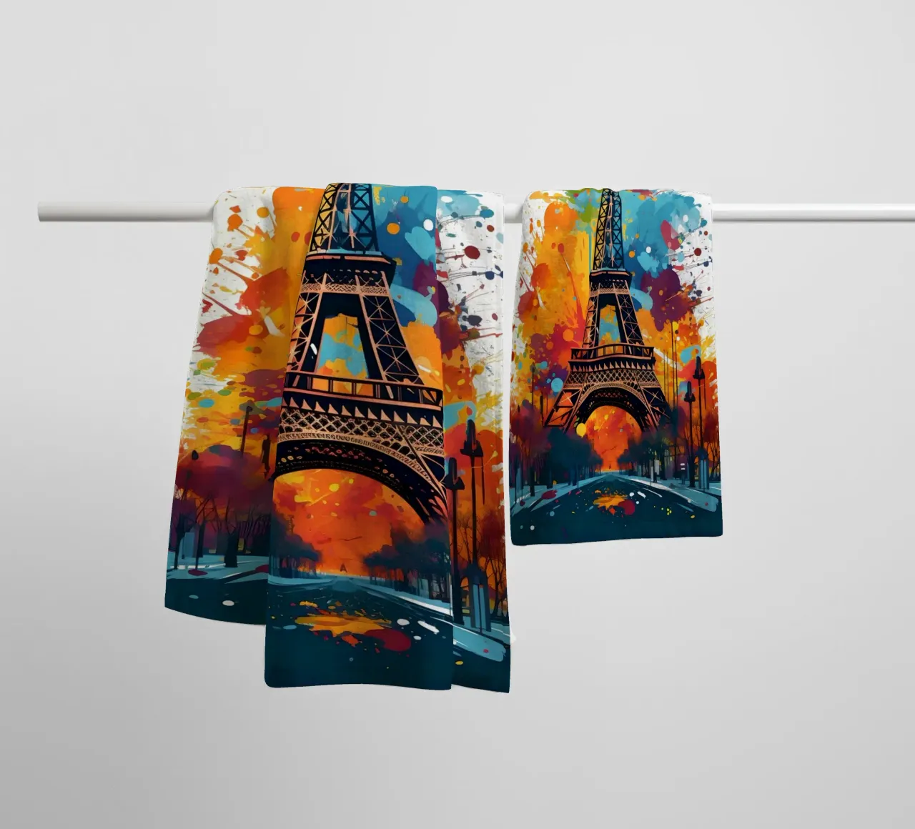 Eiffel Tower splashes of colour art towel by Vintage Travel Art