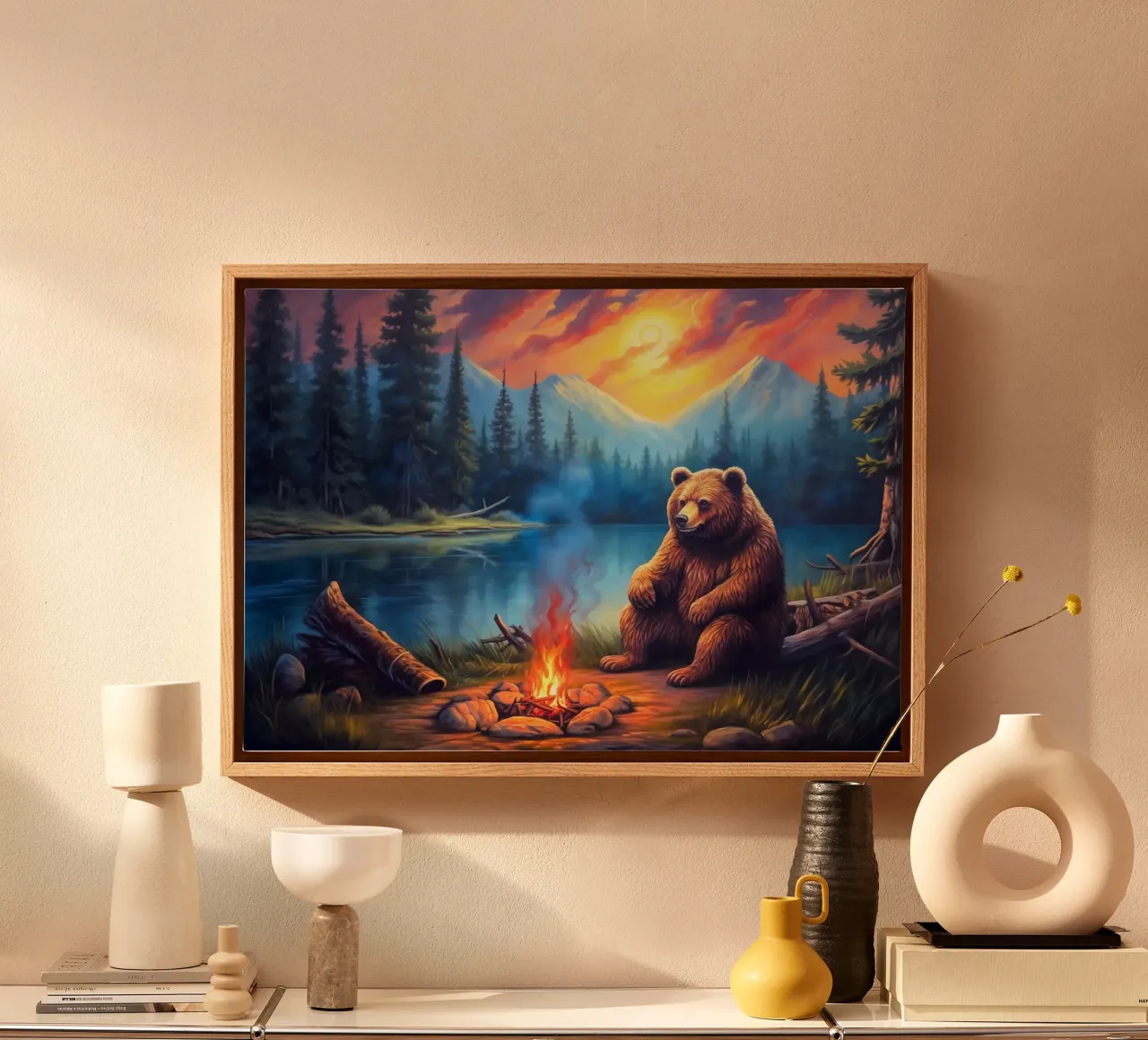 Grizzly beer kampvuur canvas met Baklijst van Fleur de Lys