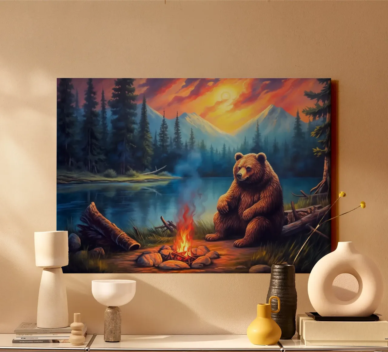 Grizzly beer kampvuur canvas met Baklijst van Fleur de Lys