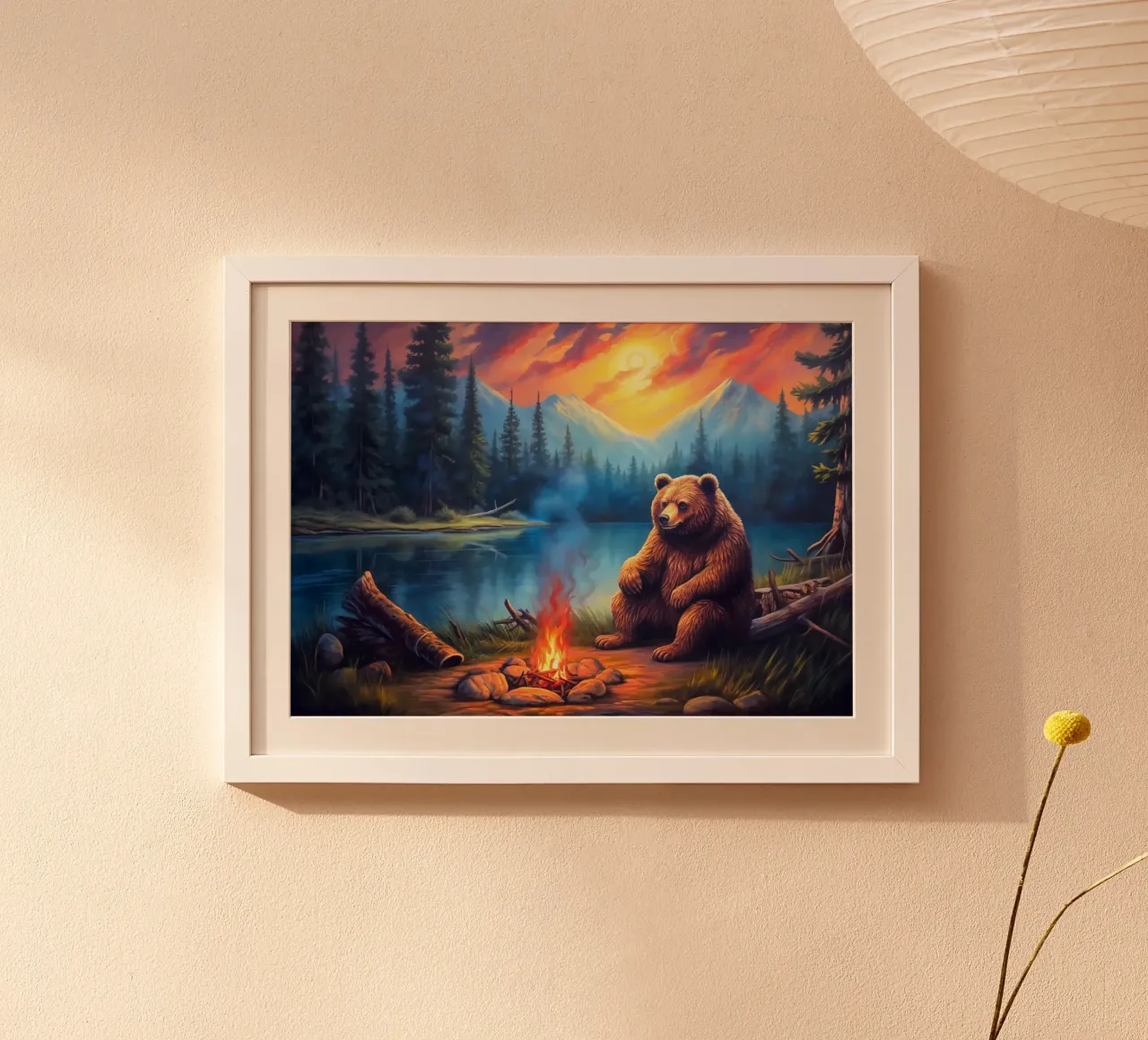 Falò dell'orso grizzly poster con telaio in legno da Fleur de Lys