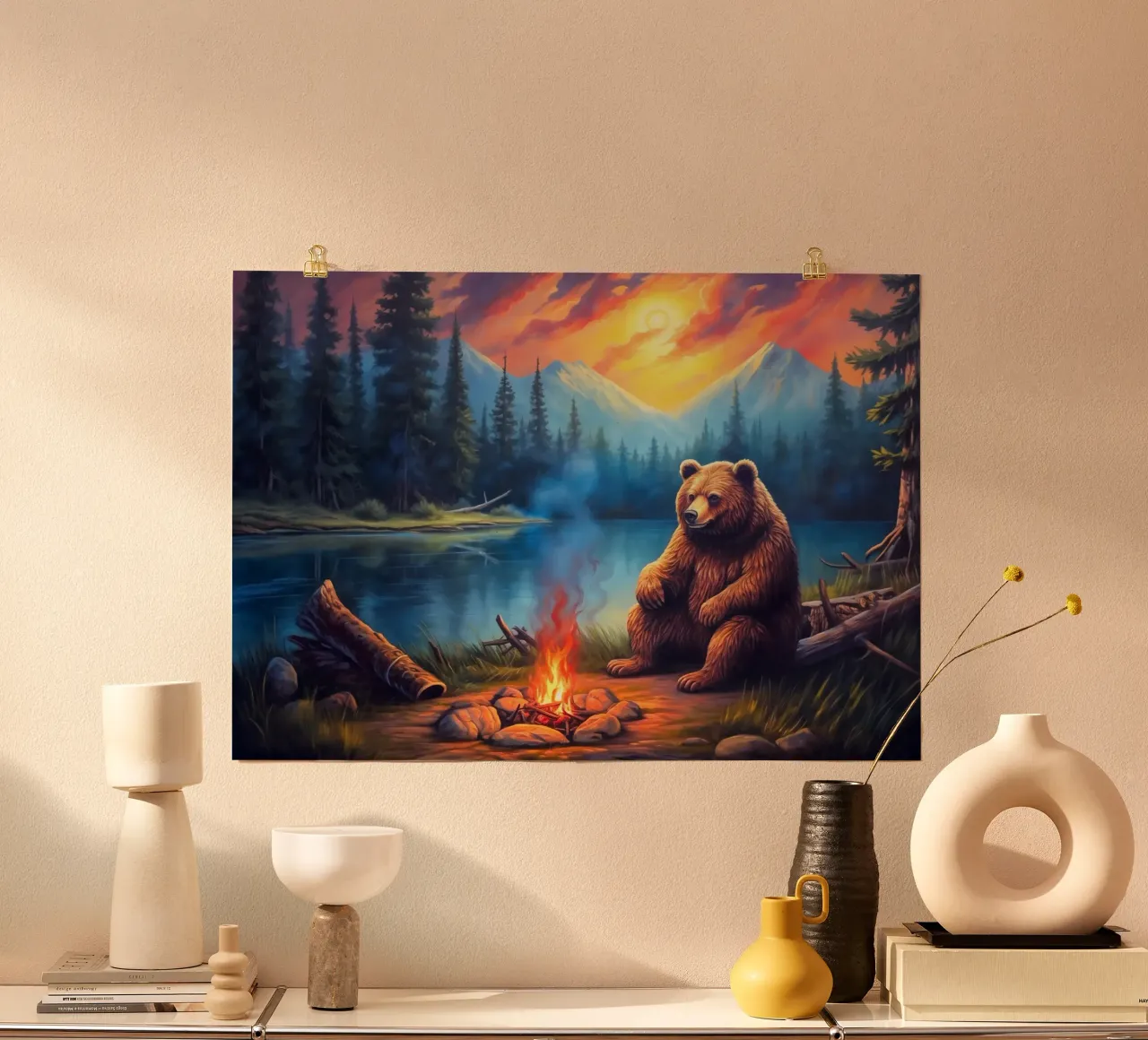 Falò dell'orso grizzly poster con telaio in legno da Fleur de Lys