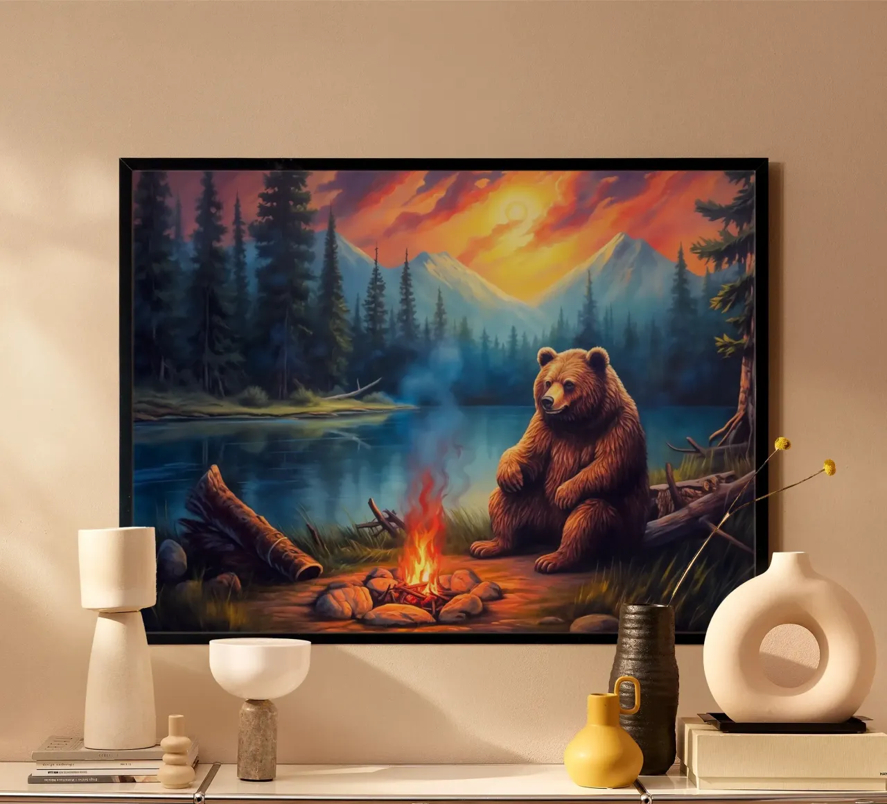 Falò dell'orso grizzly poster con telaio in legno da Fleur de Lys