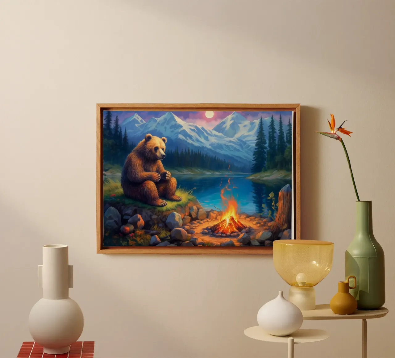 Grizzly beer kampvuur canvas met Baklijst van Fleur de Lys