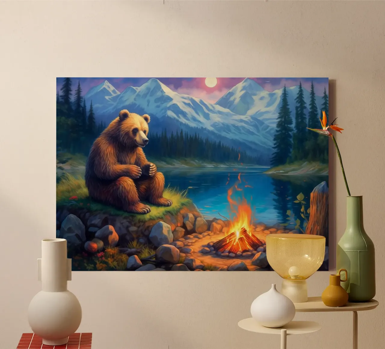 Grizzly beer kampvuur canvas met Baklijst van Fleur de Lys