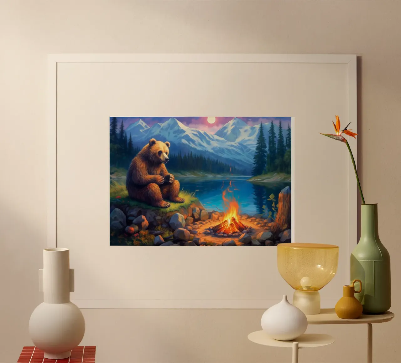 Falò dell'orso grizzly poster con telaio in alluminio da Fleur de Lys