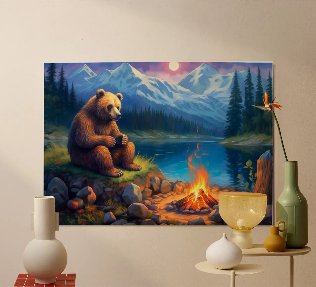 Falò dell'orso grizzly poster con telaio in alluminio da Fleur de Lys