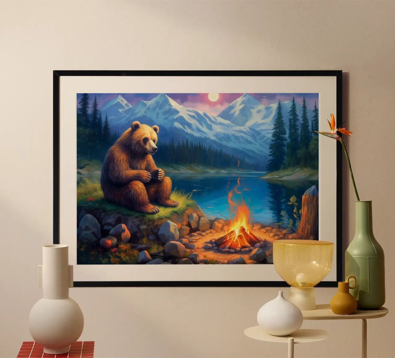 Falò dell'orso grizzly poster con telaio in alluminio da Fleur de Lys