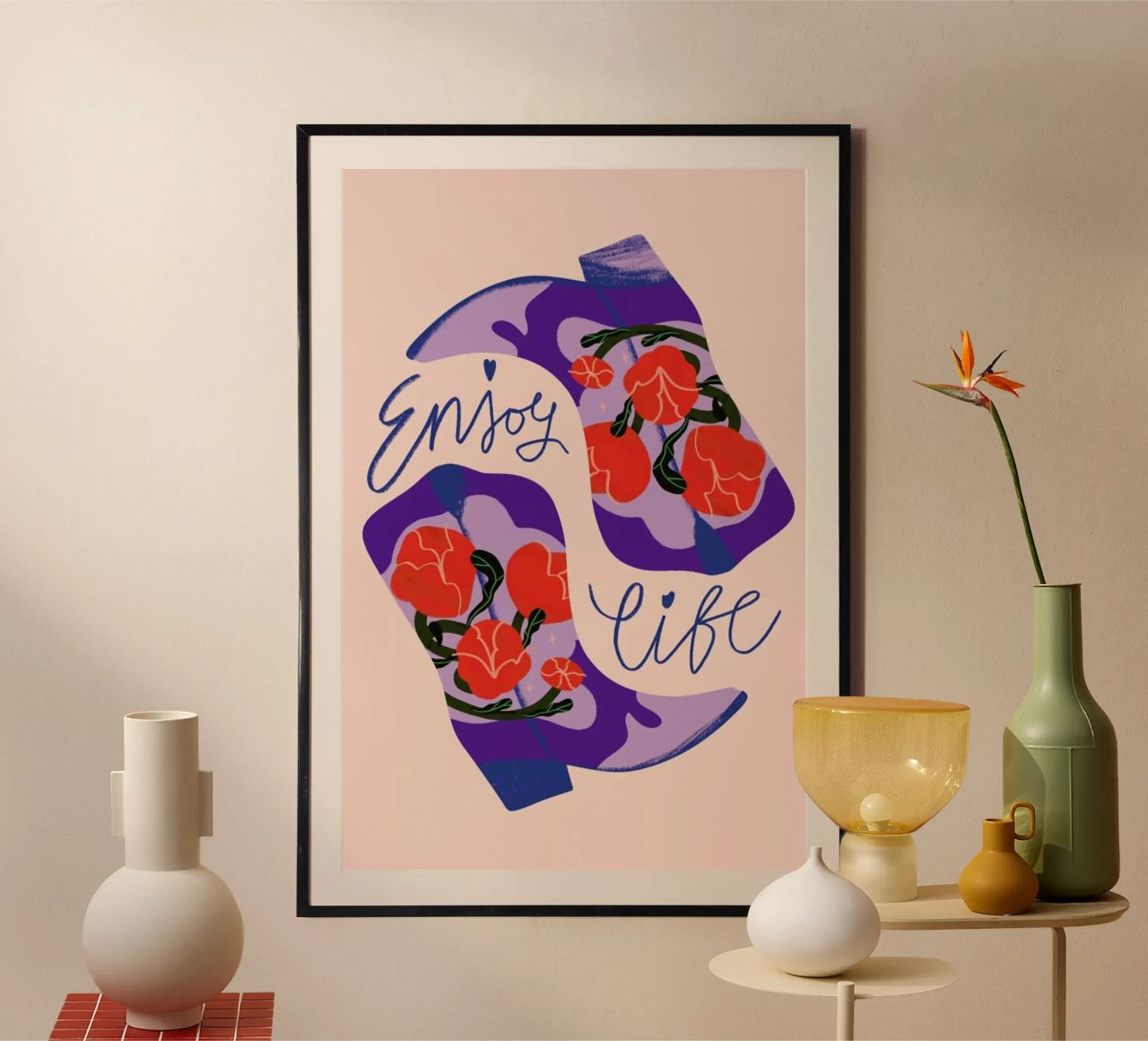 Enjoy Life and Cowboy Boots poster con marco de aluminio de Pure