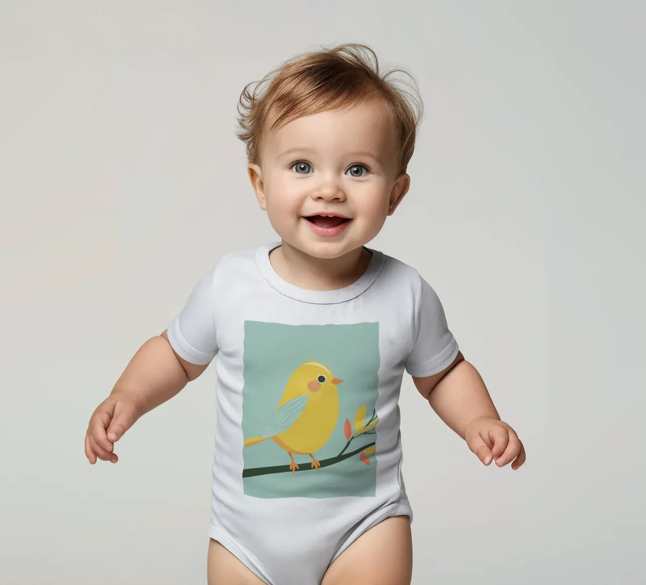 Sunny Canary on Branch with Vibrant Feathers short-sleeve baby romper by DesignDoodle