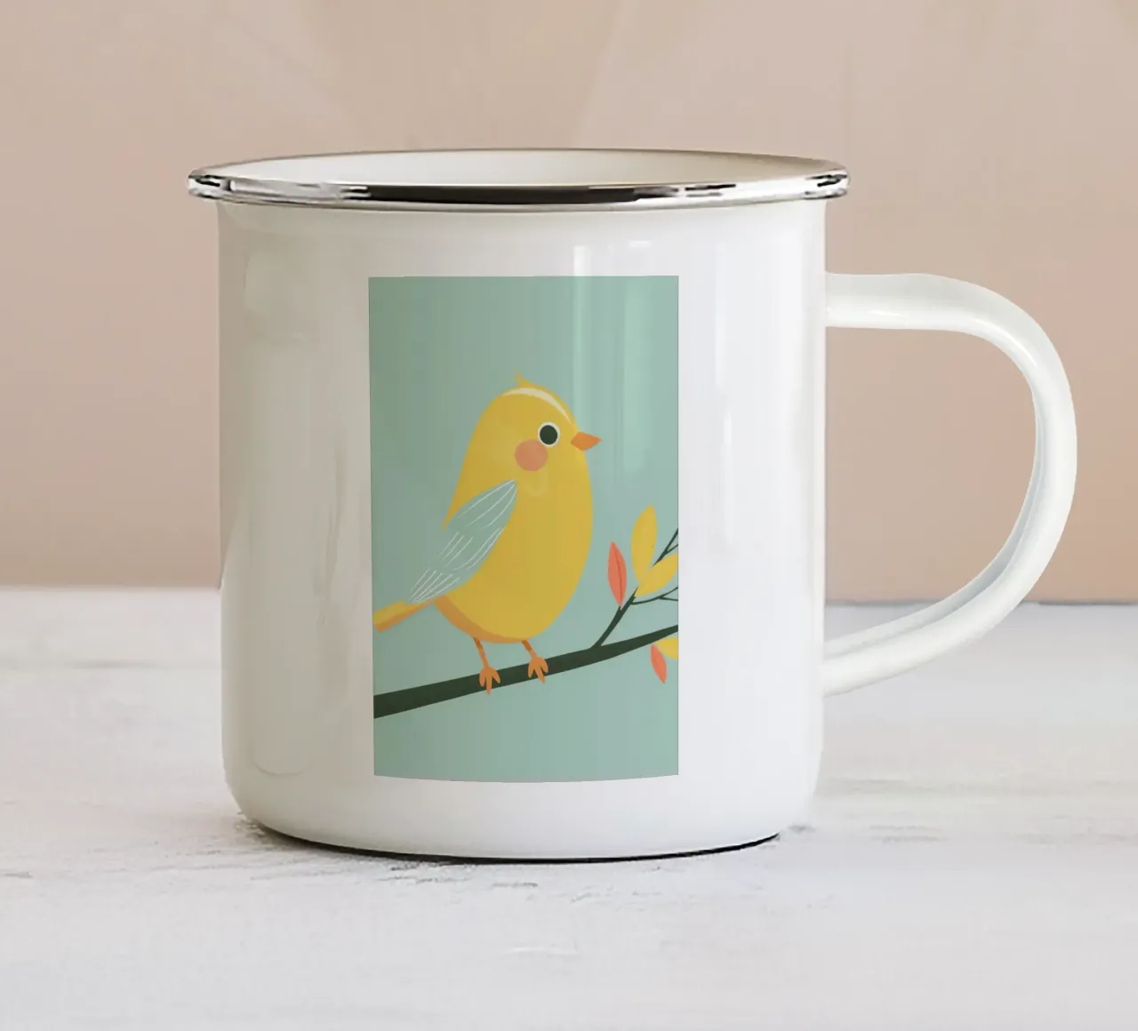 Canarino soleggiato su ramo con piume vibranti tazza in smalto da DesignDoodle