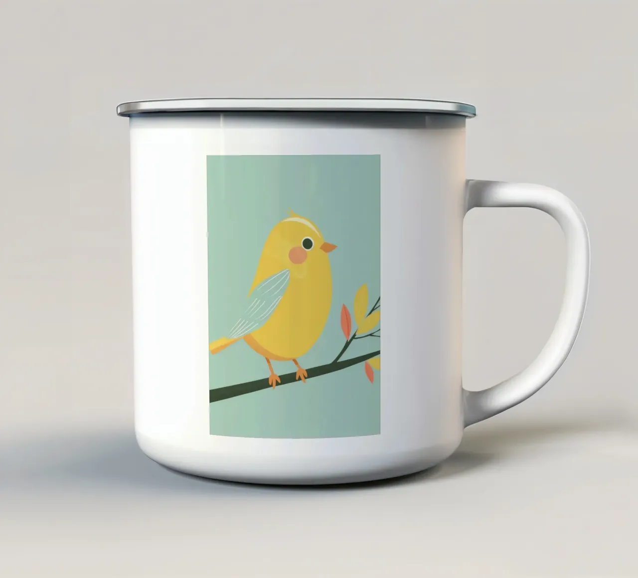 Canarino soleggiato su ramo con piume vibranti tazza in smalto da DesignDoodle