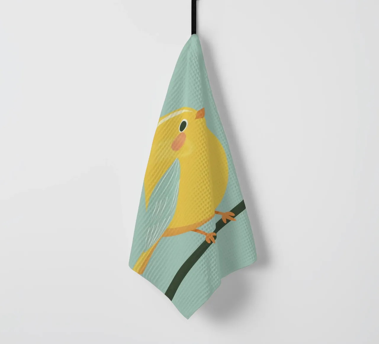 Sunny Canary on Branch with Vibrant Feathers tea towel by DesignDoodle