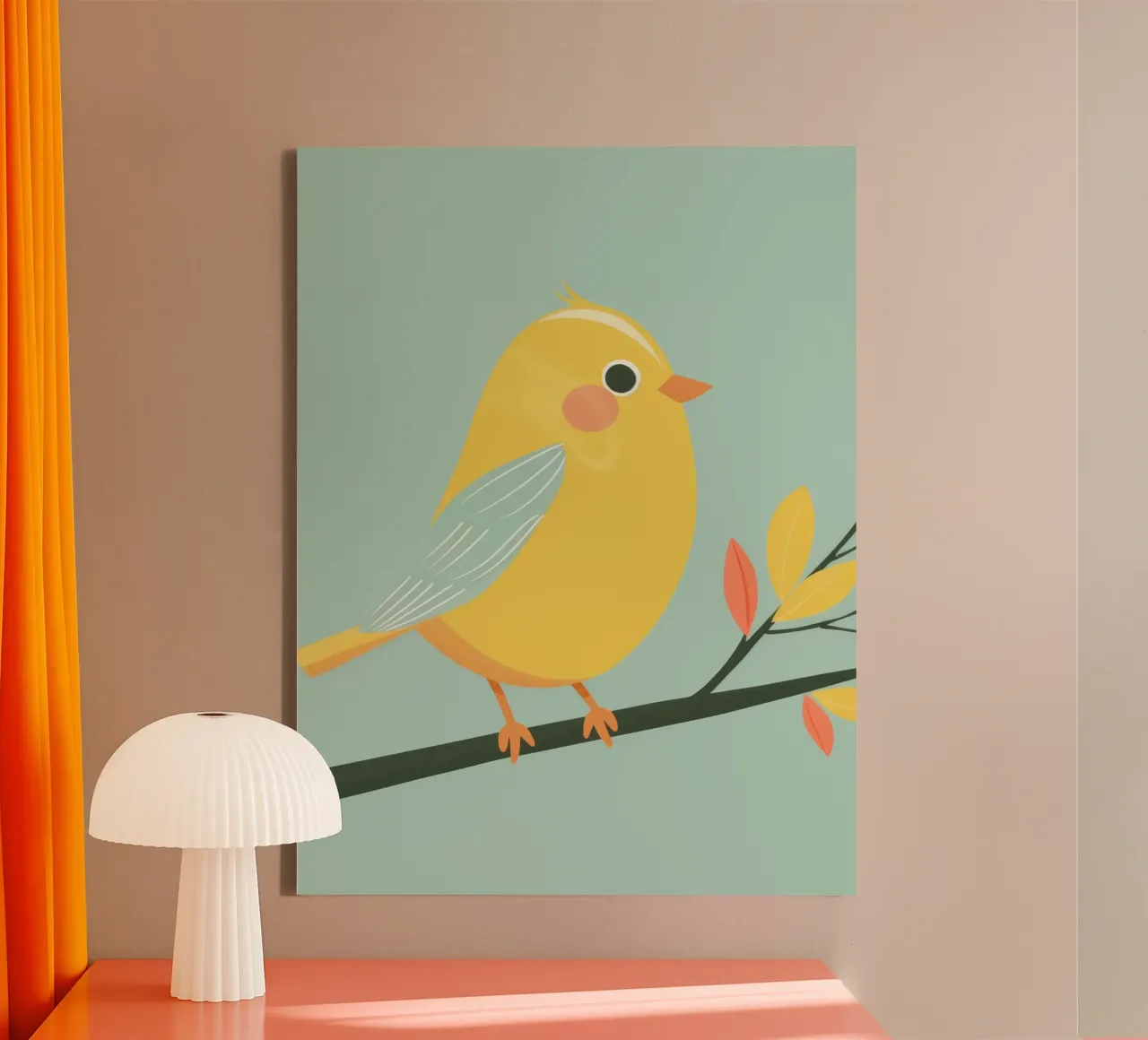Sunny Canary on Branch with Vibrant Feathers canvas by DesignDoodle