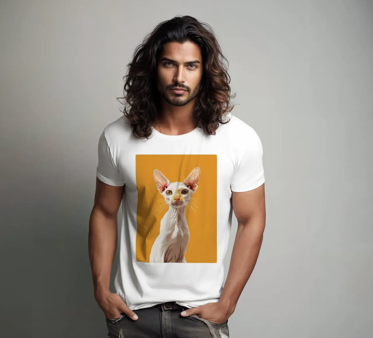 Gatto orientale a pelo corto con occhi espressivi su un'immagine audace t-shirt da DesignDoodle
