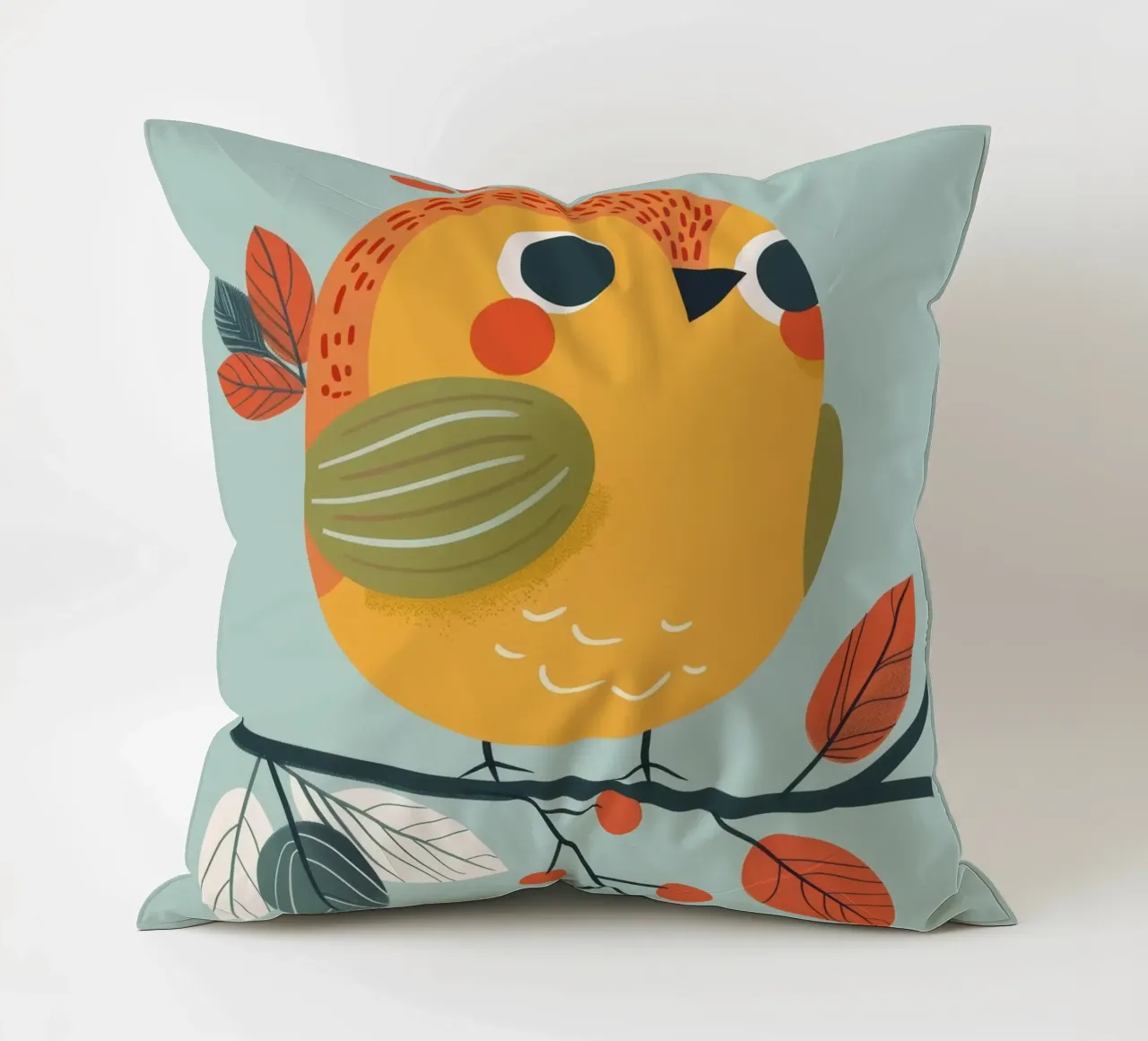 Pettirosso colorato e giocoso appollaiato su un ramo con l'autunno cuscino da DesignDoodle