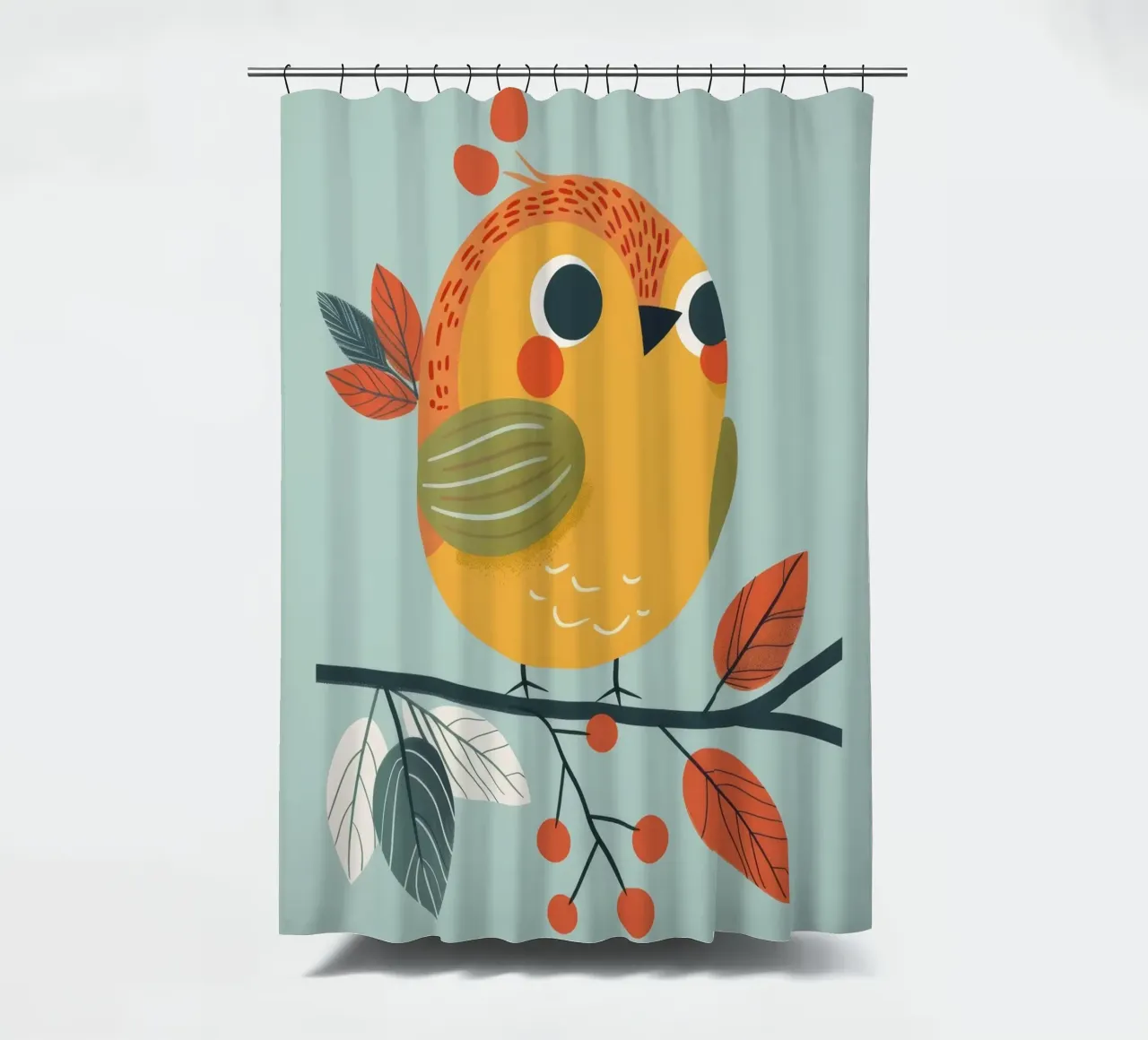 Pettirosso colorato e giocoso appollaiato su un ramo con l'autunno tenda da doccia da DesignDoodle
