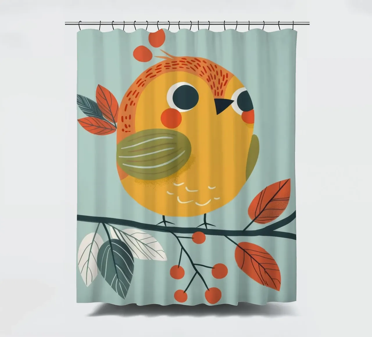 Pettirosso colorato e giocoso appollaiato su un ramo con l'autunno tenda da doccia da DesignDoodle