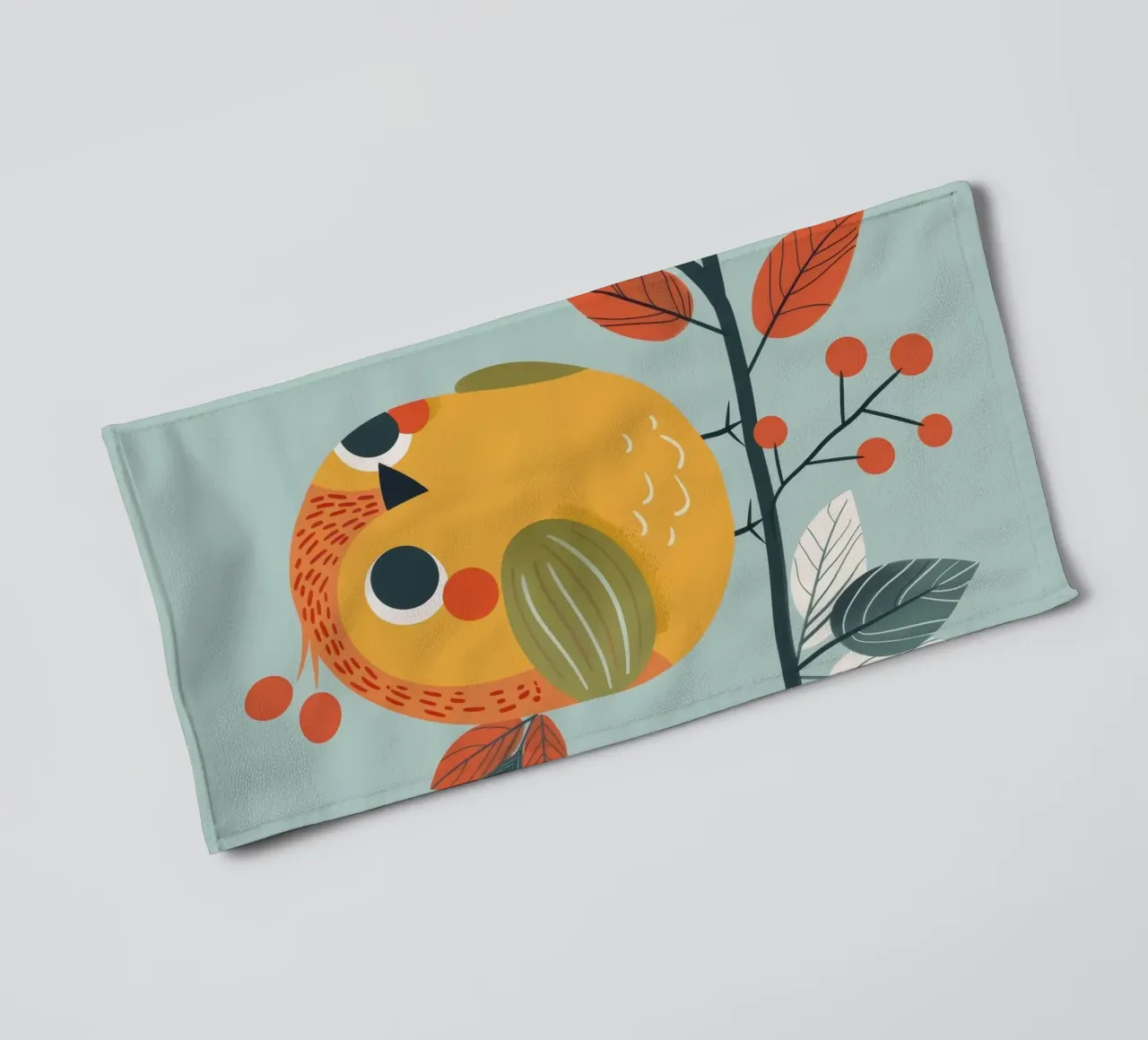 Colorful and Playful Robin Perched on a Branch with Autumn towel by DesignDoodle