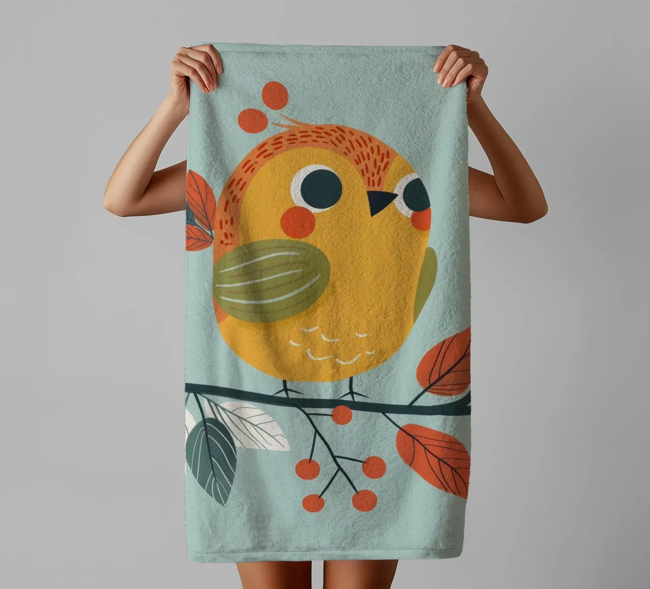 Colorful and Playful Robin Perched on a Branch with Autumn towel by DesignDoodle