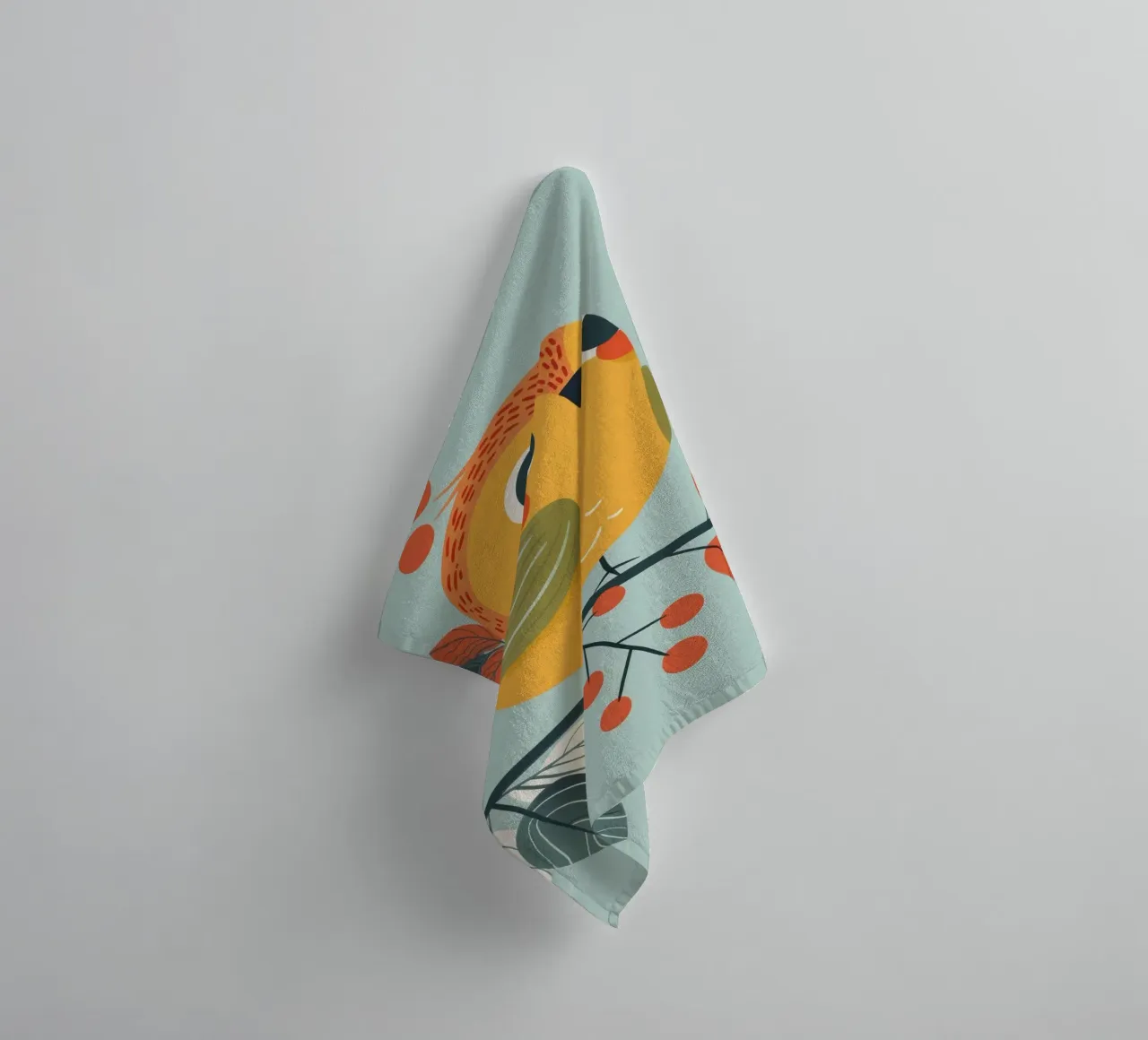 Colorful and Playful Robin Perched on a Branch with Autumn towel by DesignDoodle