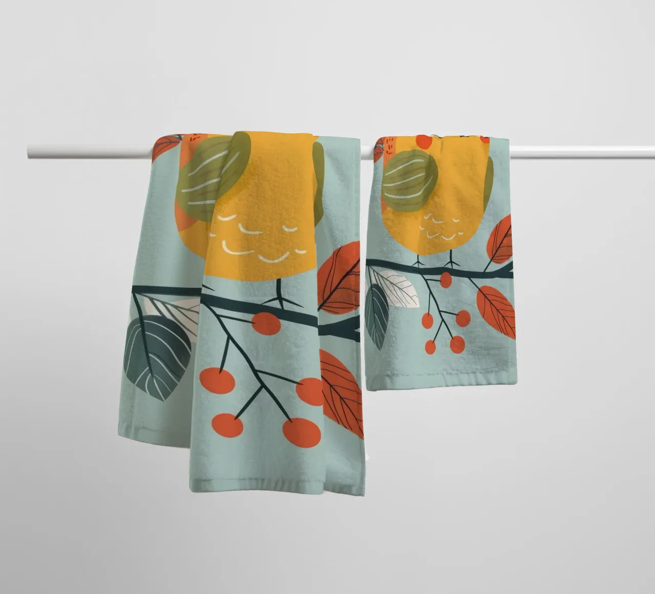Colorful and Playful Robin Perched on a Branch with Autumn towel by DesignDoodle