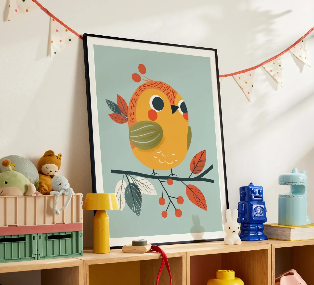 Pettirosso colorato e giocoso appollaiato su un ramo con l'autunno poster da DesignDoodle