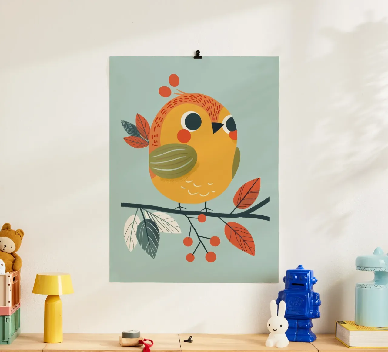 Pettirosso colorato e giocoso appollaiato su un ramo con l'autunno poster da DesignDoodle