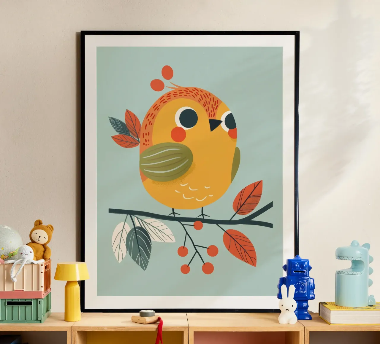 Pettirosso colorato e giocoso appollaiato su un ramo con l'autunno poster da DesignDoodle