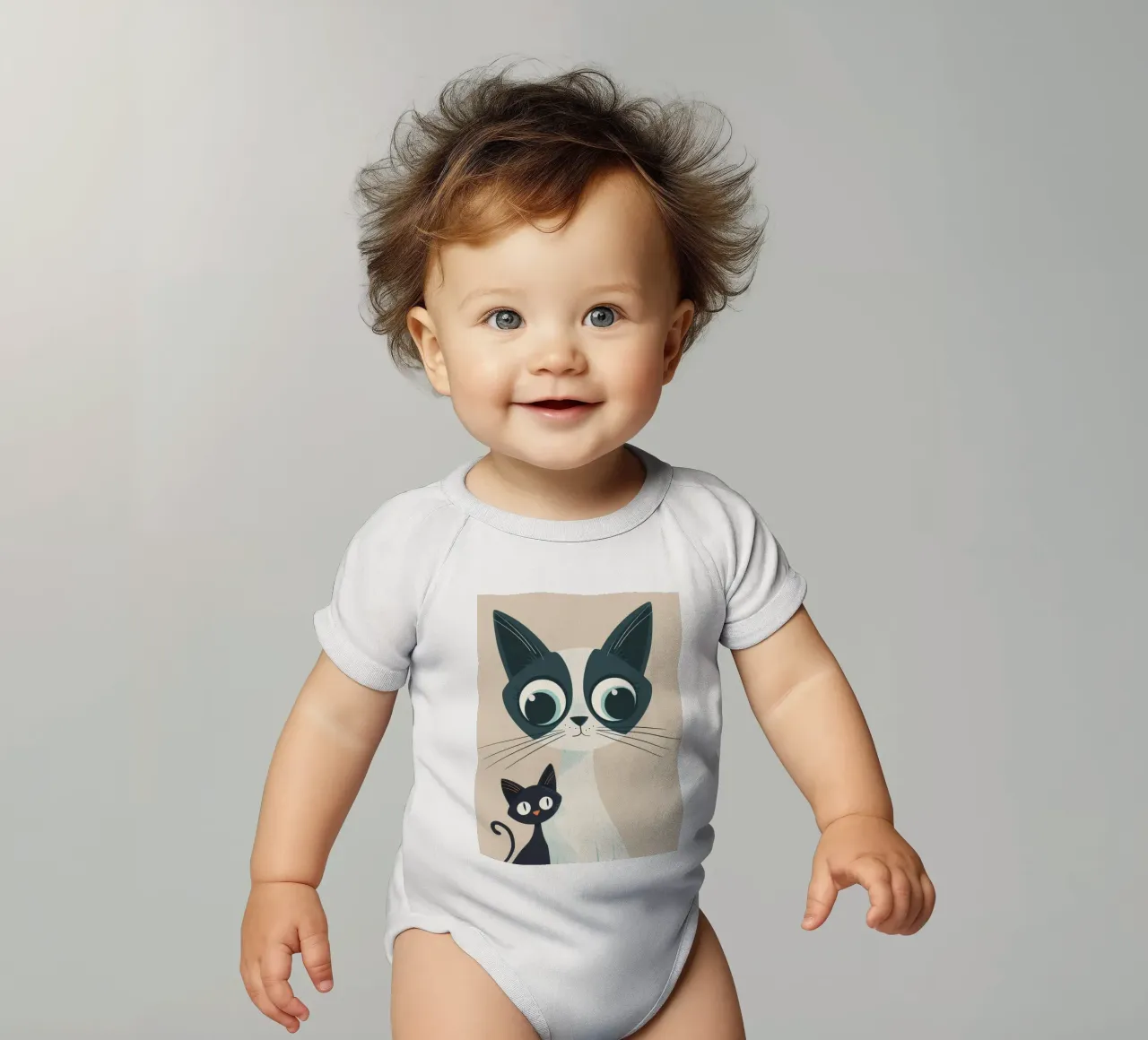 Stylized Siamese Cats with Large Eyes and Playful Expression short-sleeve baby romper by DesignDoodle