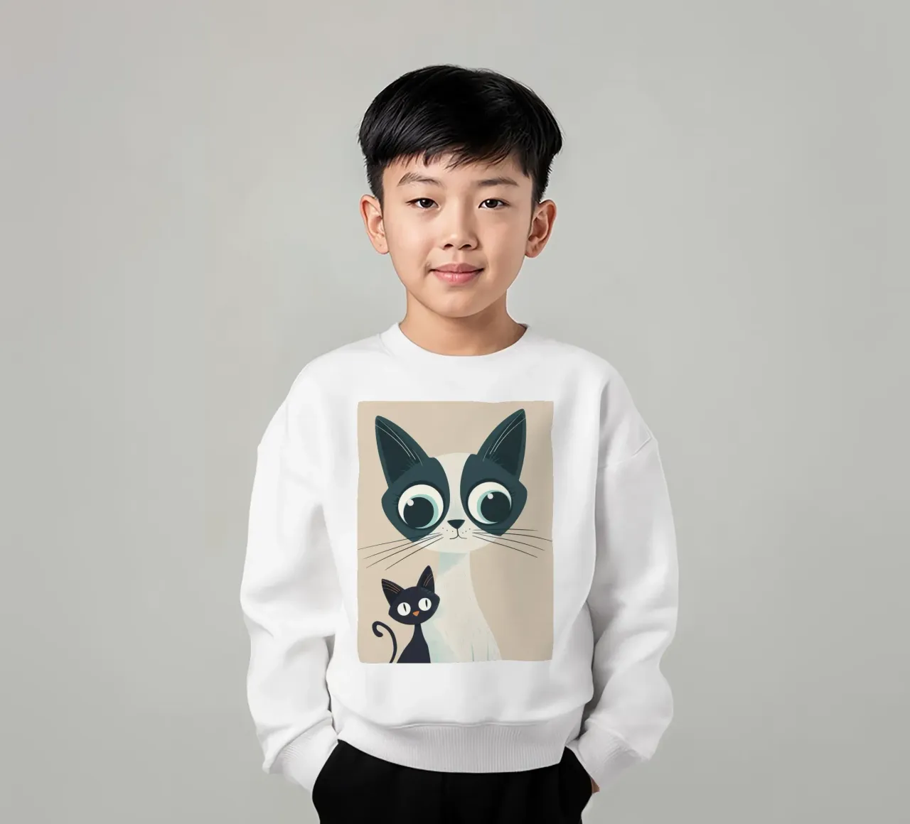 Stylized Siamese Cats with Large Eyes and Playful Expression kids sweatshirt by DesignDoodle