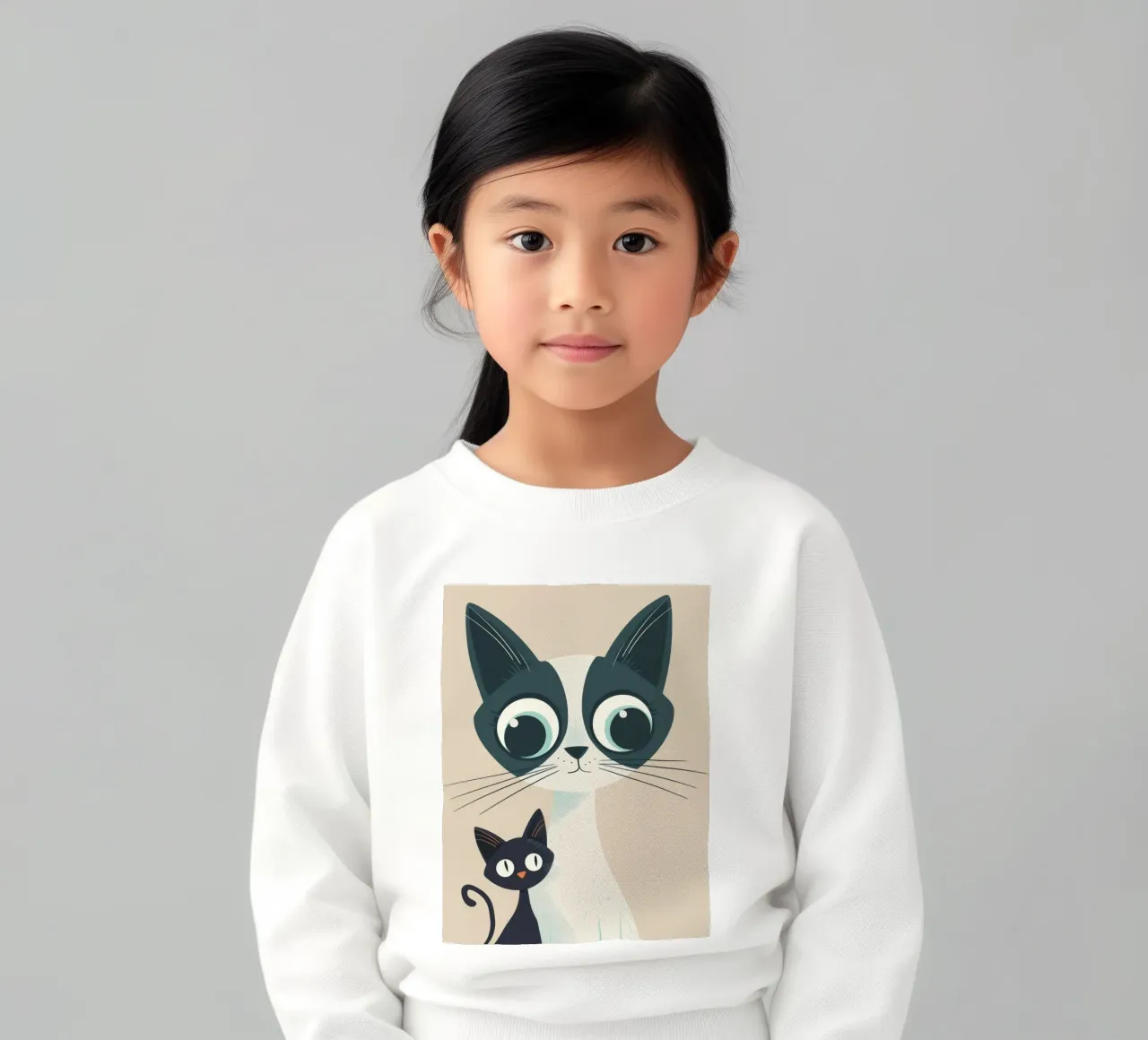 Stylized Siamese Cats with Large Eyes and Playful Expression kids sweatshirt by DesignDoodle