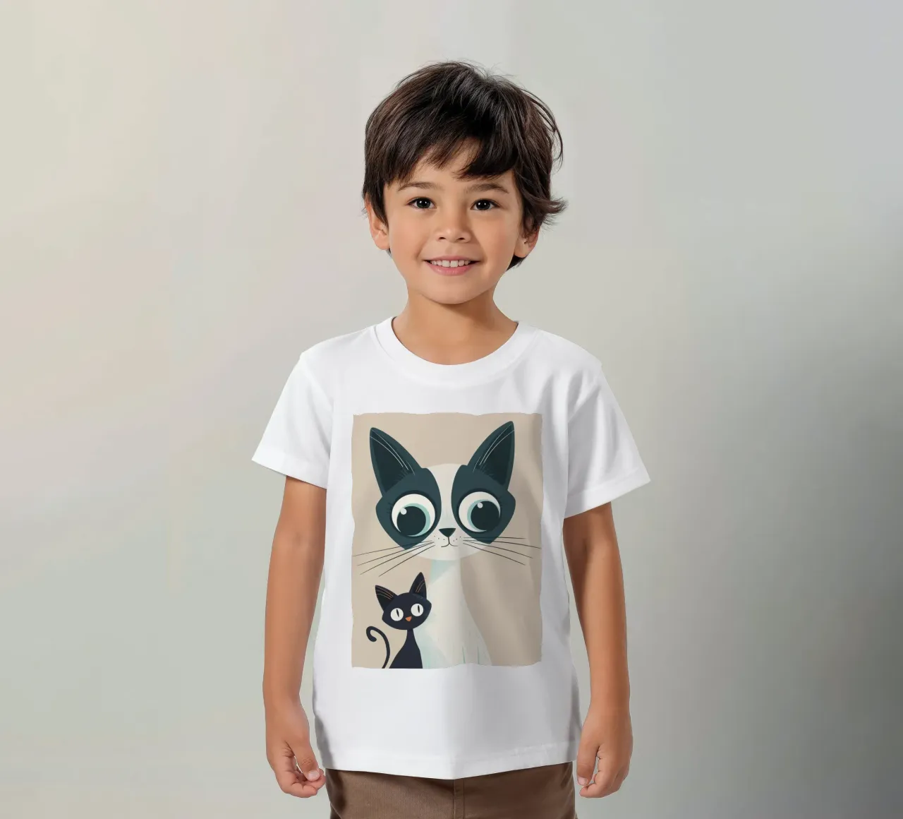 Stylized Siamese Cats with Large Eyes and Playful Expression kids t-shirt by DesignDoodle