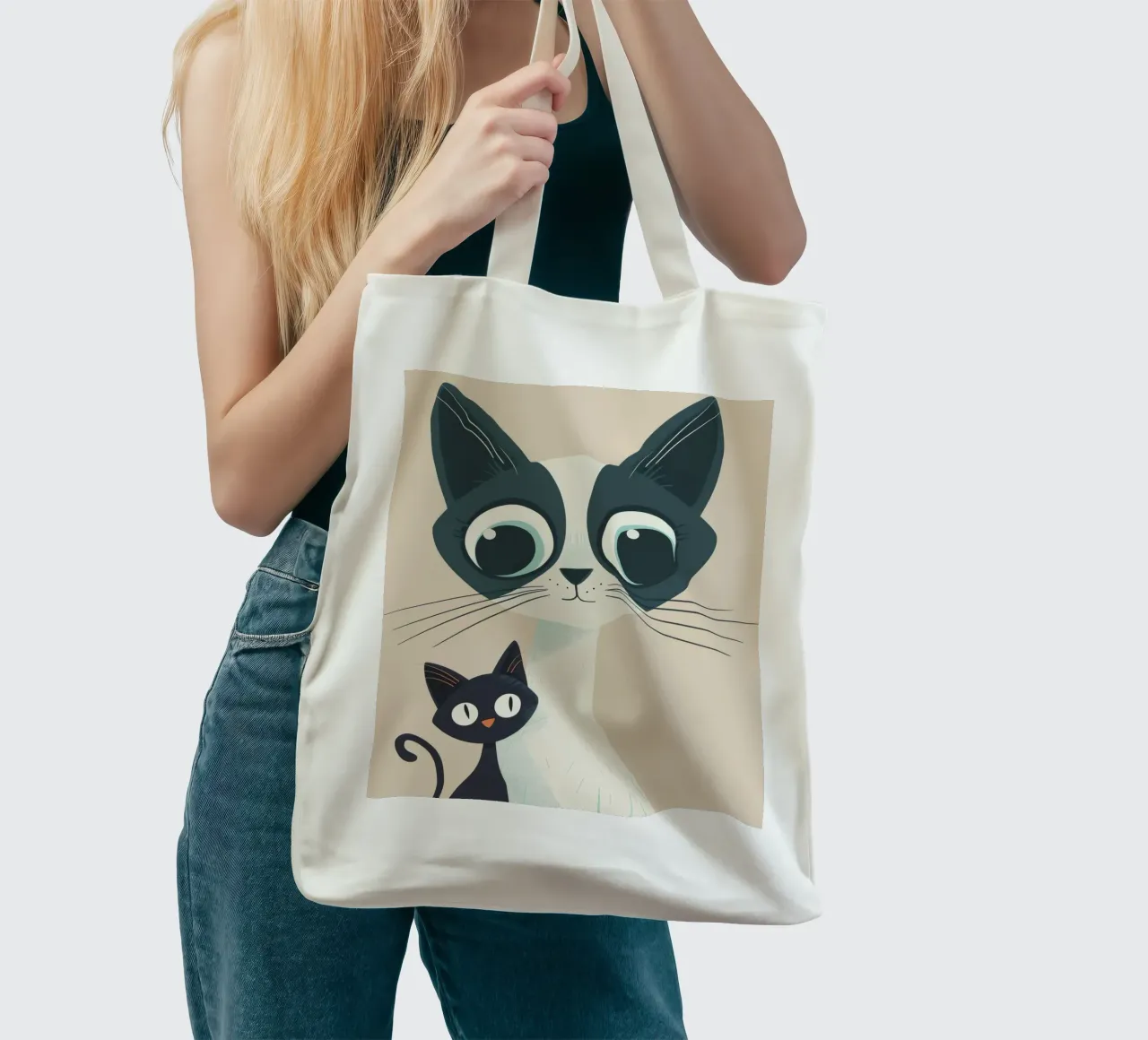 Chats siamois stylisés aux grands yeux et à l'expression enjouée tote bag de DesignDoodle