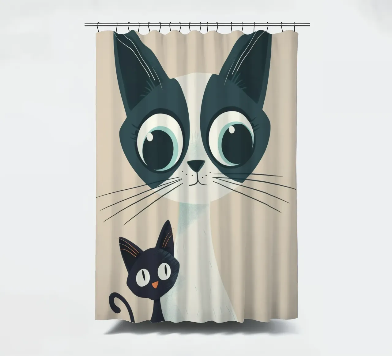 Stylized Siamese Cats with Large Eyes and Playful Expression shower curtain by DesignDoodle