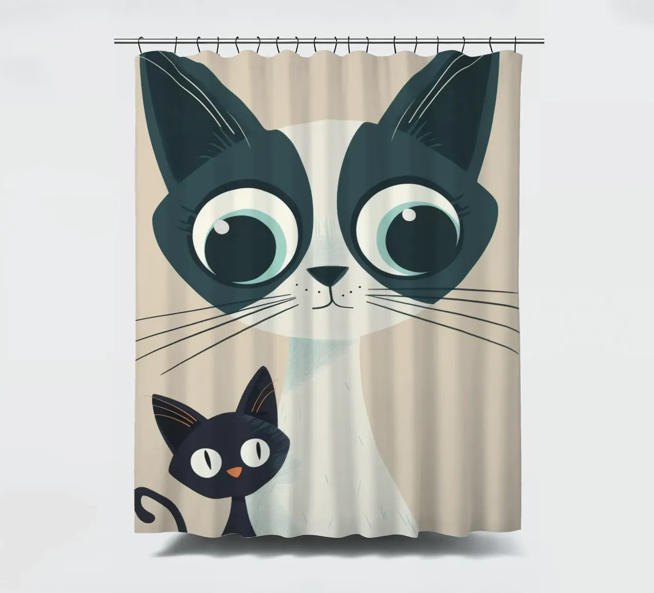 Stylized Siamese Cats with Large Eyes and Playful Expression shower curtain by DesignDoodle