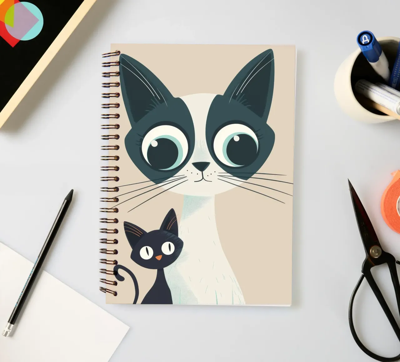 Stylized Siamese Cats with Large Eyes and Playful Expression spiral notebook by DesignDoodle