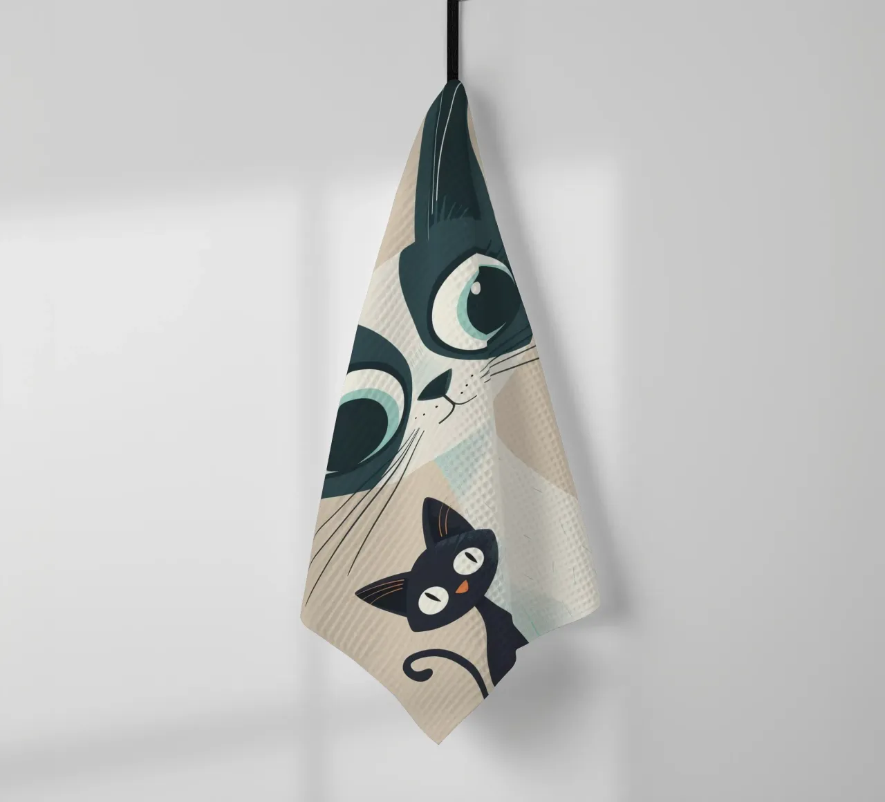 Stylized Siamese Cats with Large Eyes and Playful Expression tea towel by DesignDoodle
