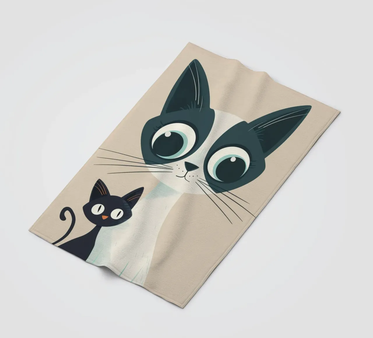 Stylized Siamese Cats with Large Eyes and Playful Expression fleece blanket by DesignDoodle