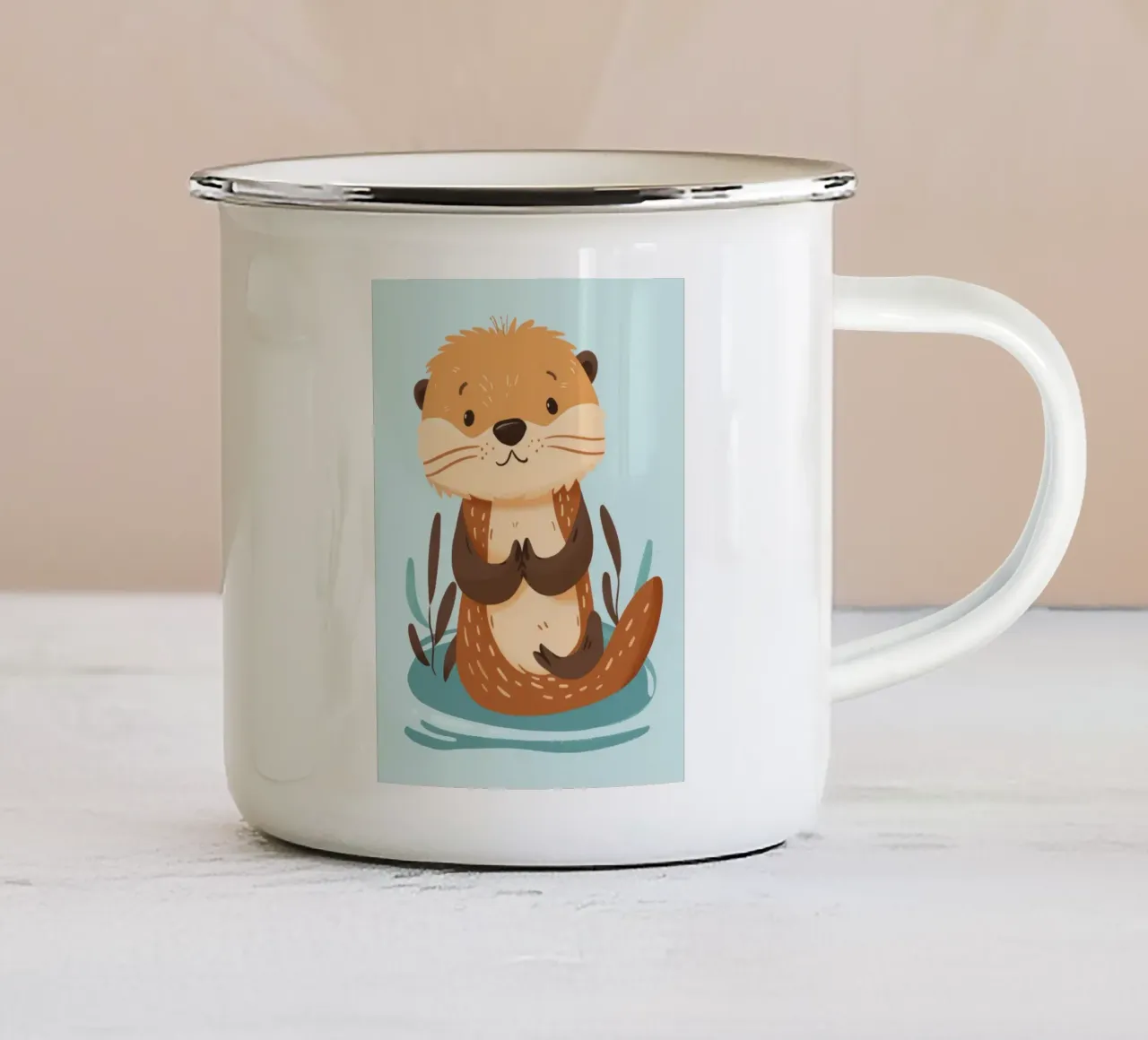 Zeeotterpup rustig zittend op de oever emaille mok van DesignDoodle