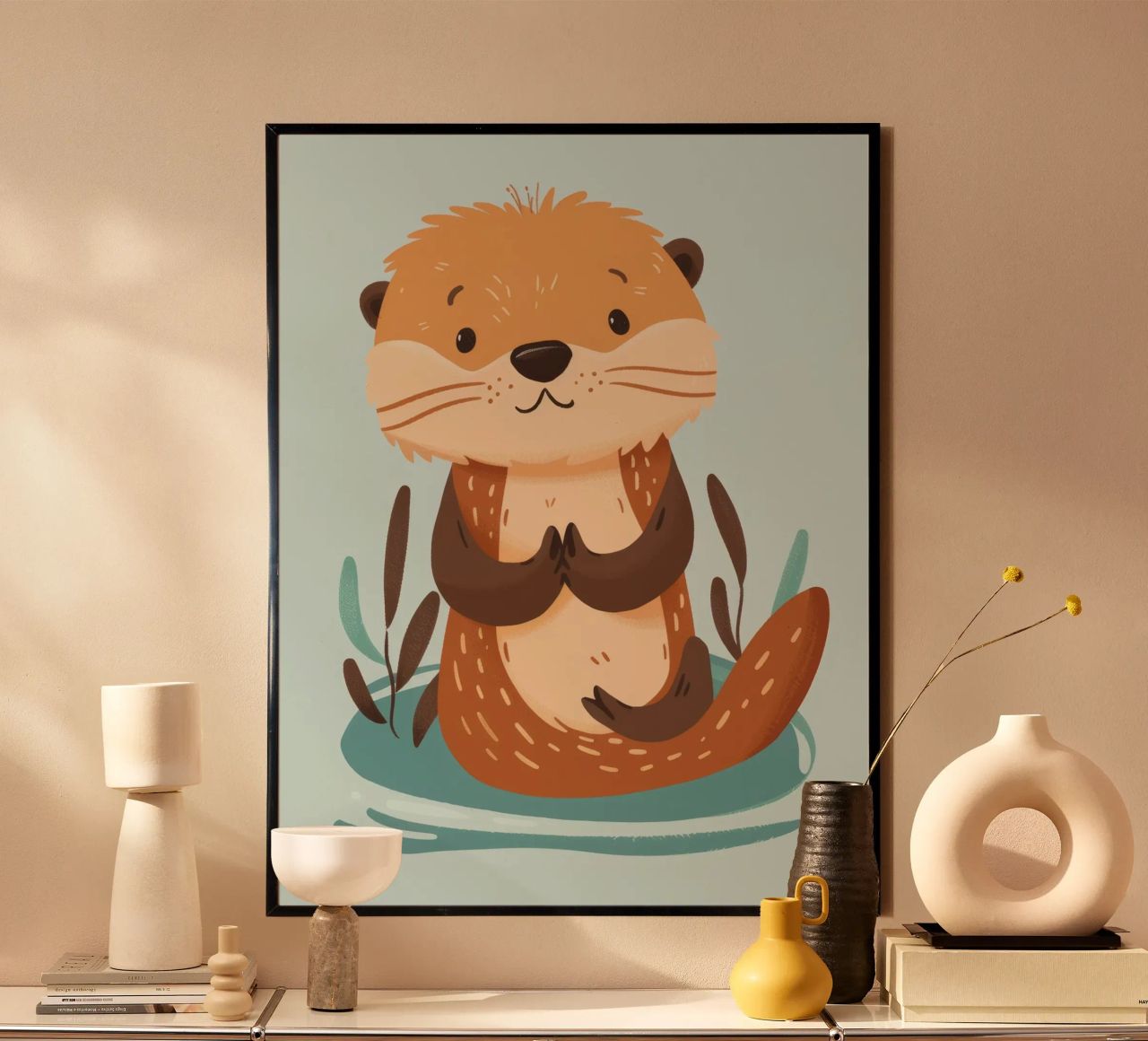Cucciolo di lontra marina seduto con calma sulla spiaggia poster da DesignDoodle