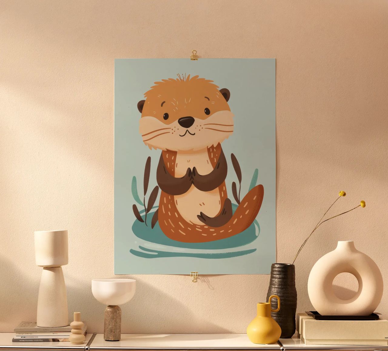 Cucciolo di lontra marina seduto con calma sulla spiaggia poster da DesignDoodle