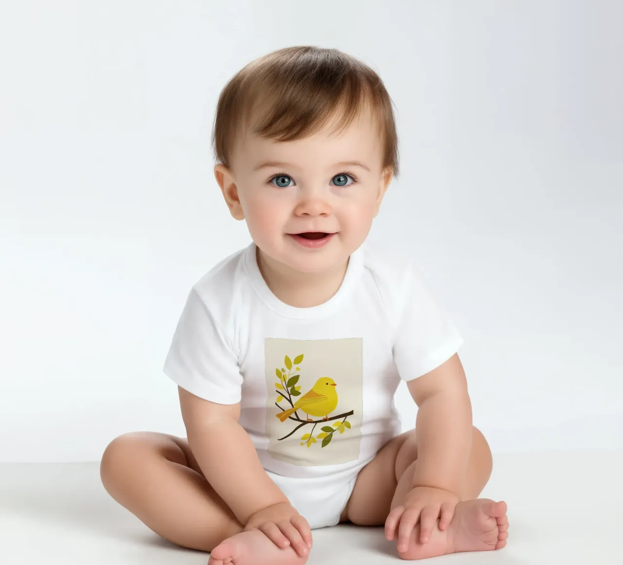 Canari jaune vif assis sur une branche avec un vert luxuriant body bébé de DesignDoodle
