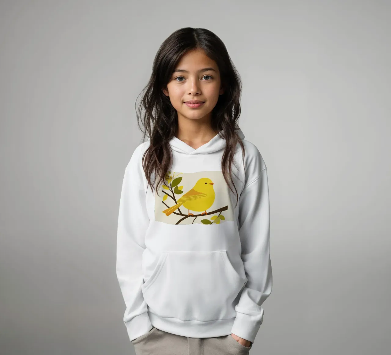 Canari jaune vif assis sur une branche avec un vert luxuriant sweat à capuche enfant de DesignDoodle