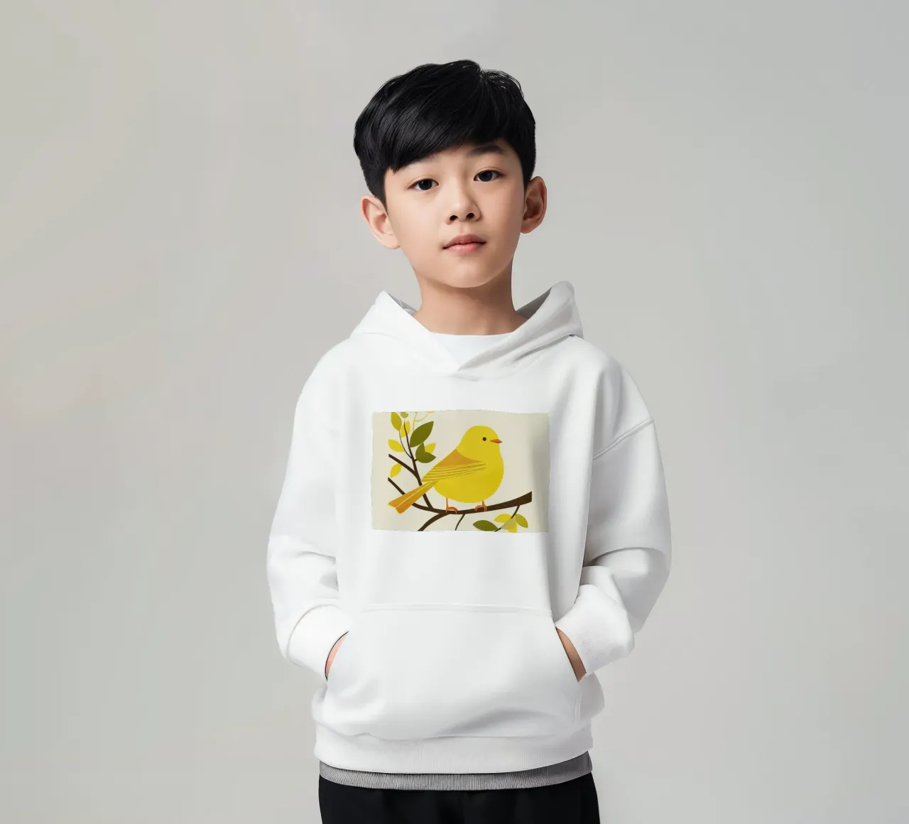 Canari jaune vif assis sur une branche avec un vert luxuriant sweat à capuche enfant de DesignDoodle
