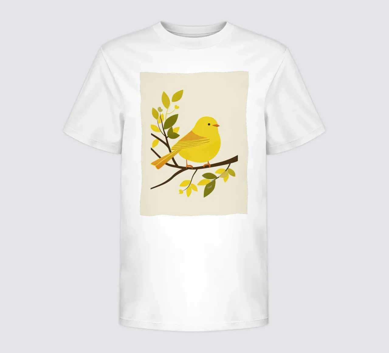 Bright Yellow Canary Sitting on a Branch with Lush Green kids t-shirt by DesignDoodle