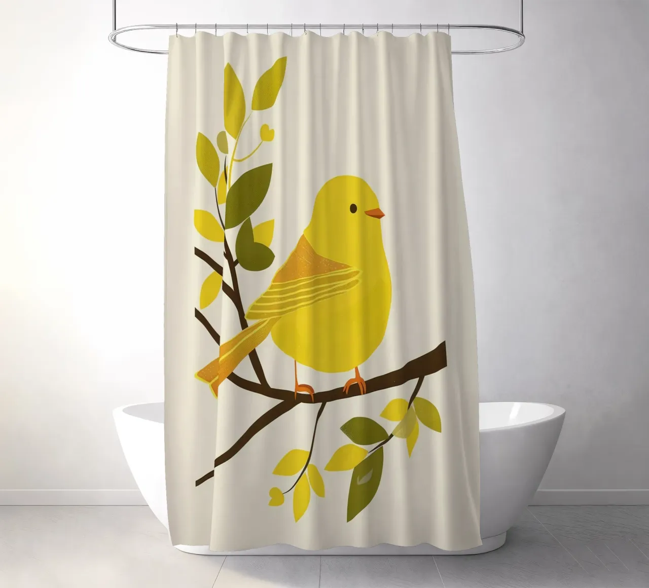 Canari jaune vif assis sur une branche avec un vert luxuriant rideau de douche de DesignDoodle
