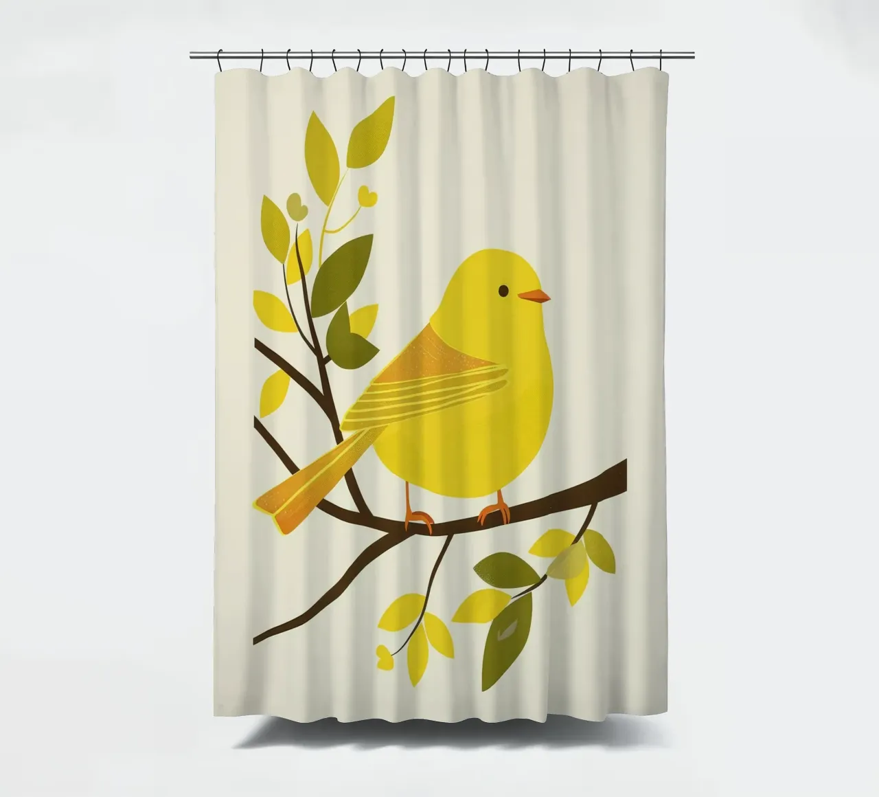 Canari jaune vif assis sur une branche avec un vert luxuriant rideau de douche de DesignDoodle