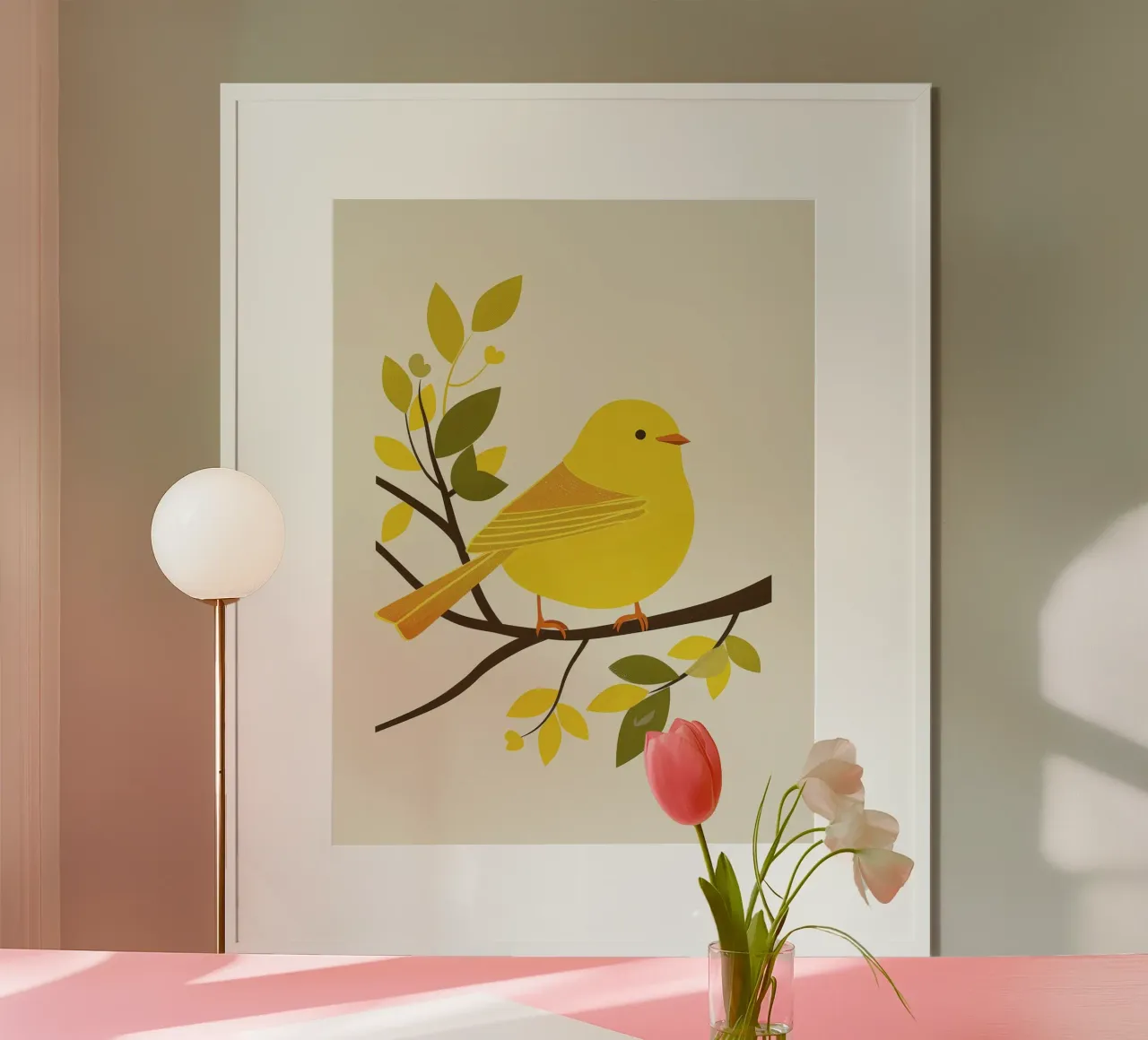 Canari jaune vif assis sur une branche avec un vert luxuriant poster avec cadre en aluminium de DesignDoodle