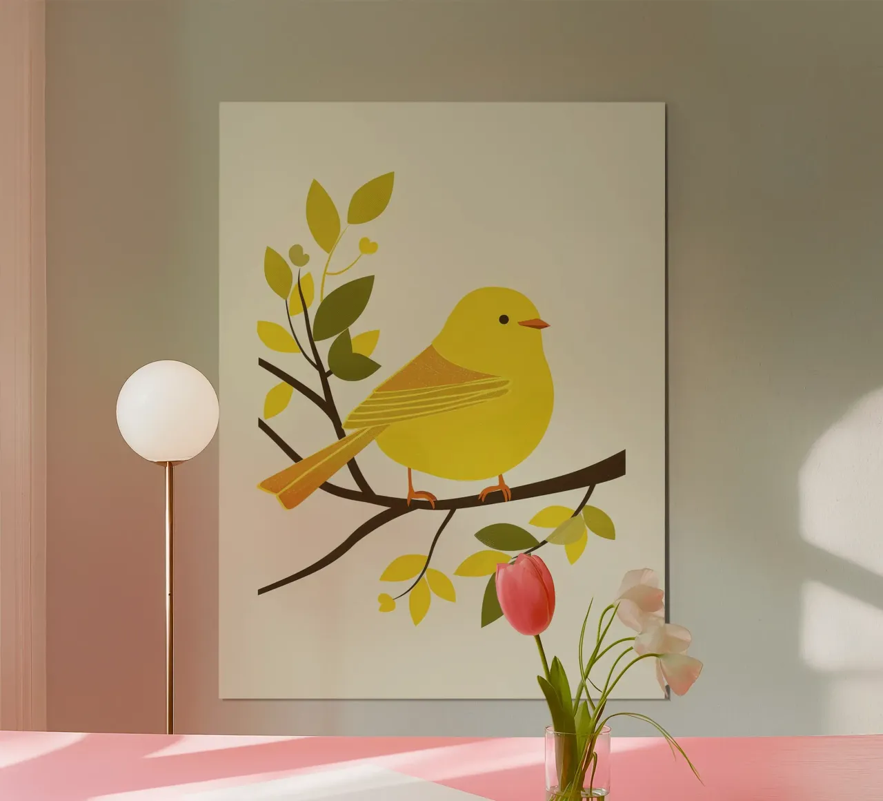 Canari jaune vif assis sur une branche avec un vert luxuriant poster avec cadre en aluminium de DesignDoodle