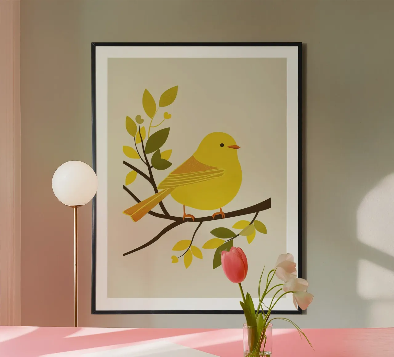 Canari jaune vif assis sur une branche avec un vert luxuriant poster avec cadre en aluminium de DesignDoodle